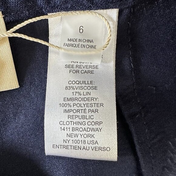 Elie Tahari Wide Leg Pants Size 6 Navy Blue Palm Embroidered Linen - Picture 6 of 11